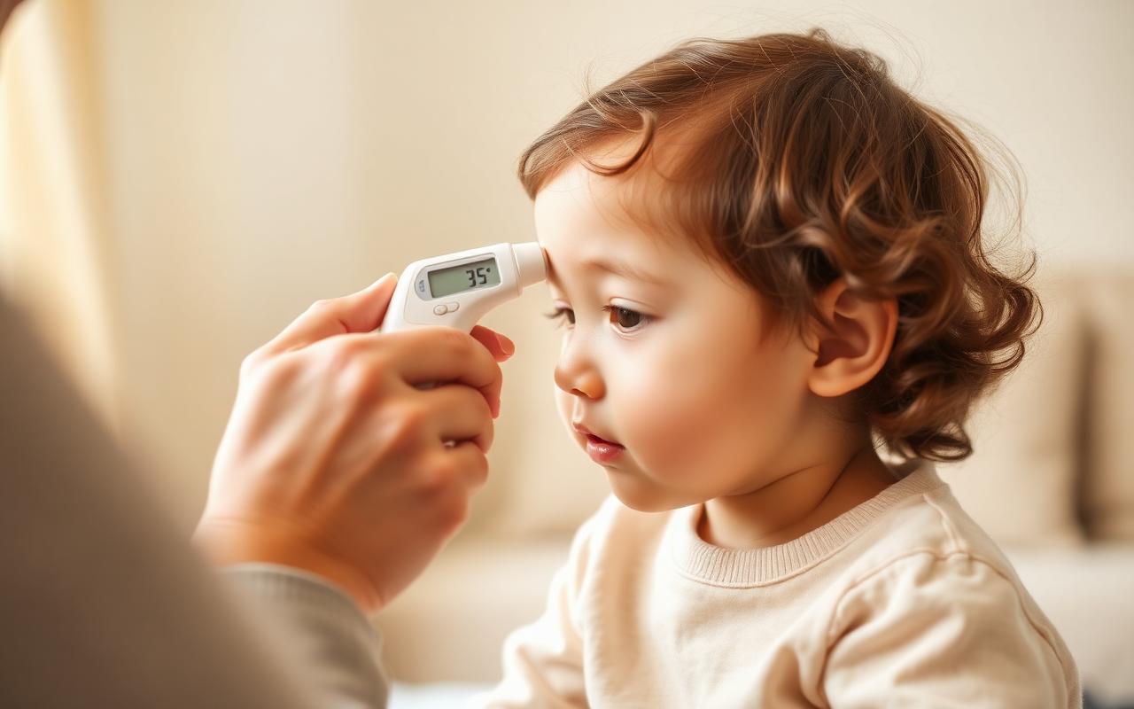 Parent checking a child's temperature