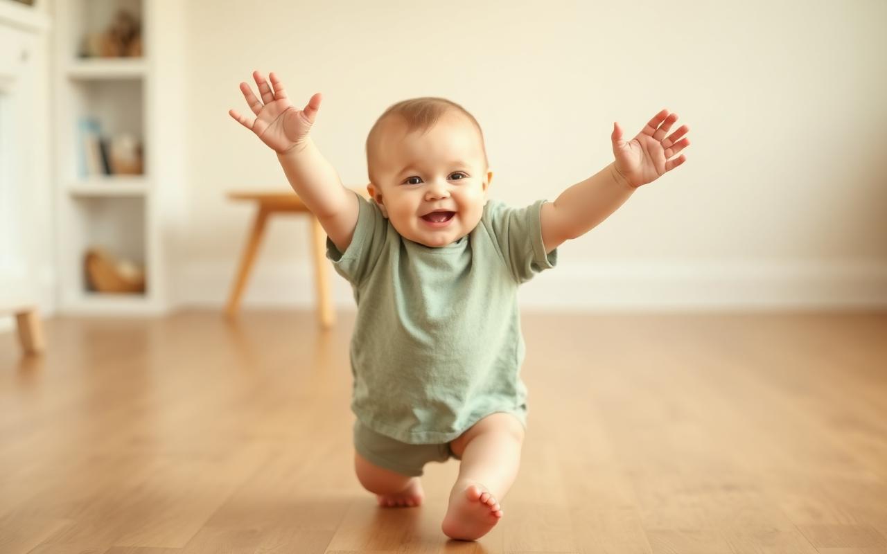 Smiling toddler reaching up while learning to walk