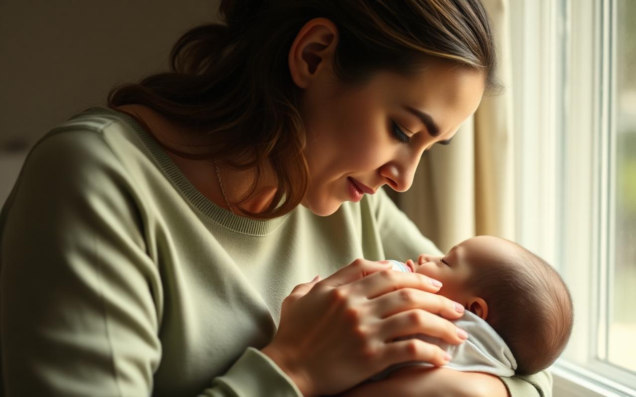 Parent feeding an infant by a soft window