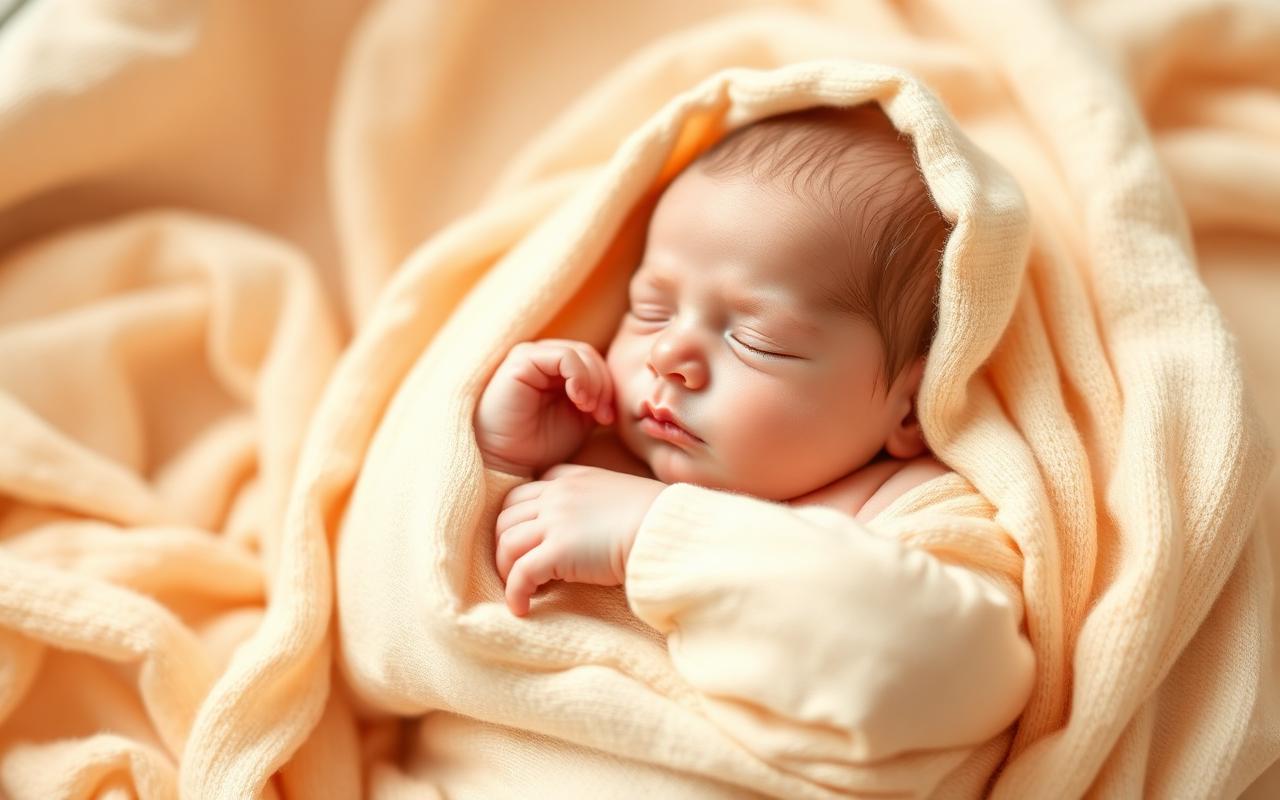 Sleeping newborn wrapped in soft muslin