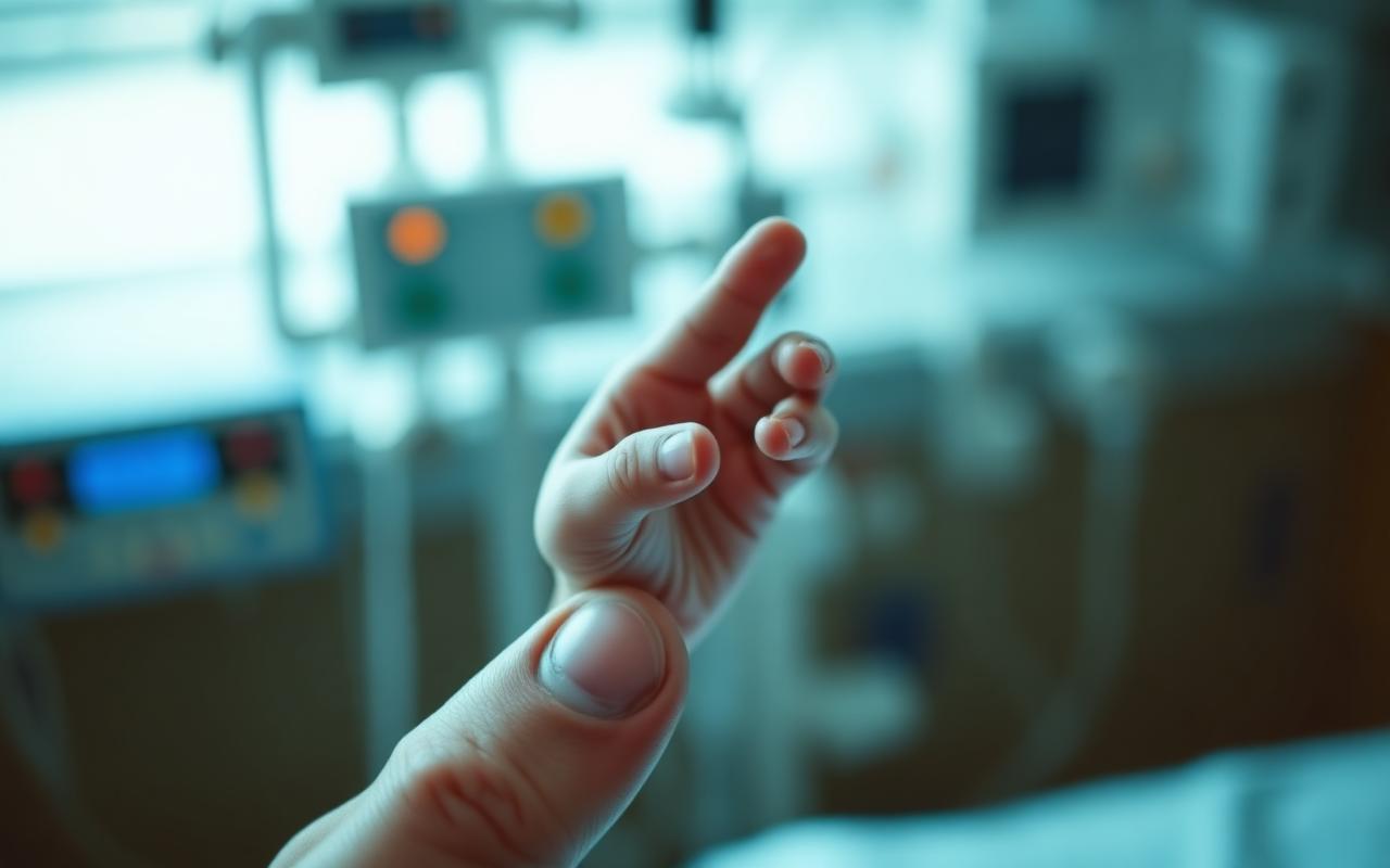 Tiny baby hand held by an adult finger in NICU