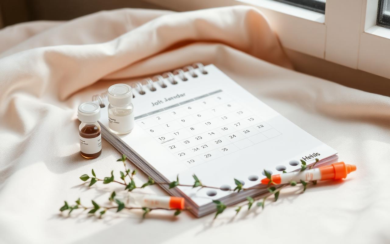 Vaccine vials beside a calendar planner